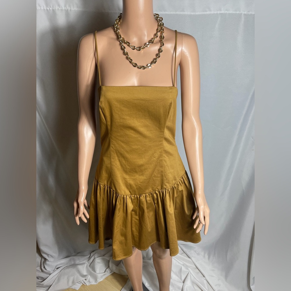 Anthro Maeve Mustard Open Back Drop Waist Mini Dress L NWT